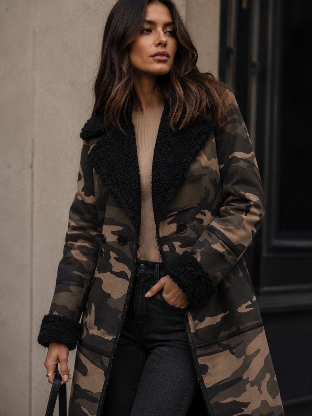 COL 101 - Camo Longline Faux Fur Coat